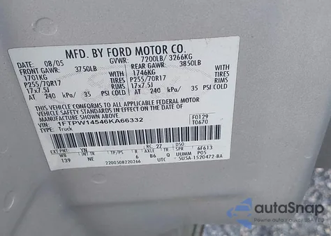 2006 Ford F-150 Fx4/Lariat/Xlt z USA, uszkodzony, nr VIN 1FTPW14546KA66332